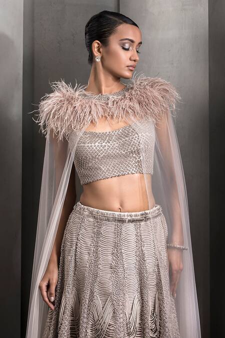 Rohit Gandhi + Rahul Khanna Grey Tulle Sequins, Crystals, Embroidery Cord Scalloped Lehenga With Blouse at Aza Fashions Rohit Gandhi + Rahul Khanna_Grey Tulle Sequins, Crystals, Embroidery Cord Scalloped Lehenga With Blouse _at_Aza_Fashions