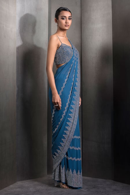 Rohit Gandhi + Rahul Khanna Blue Silk, Georgette Cut Work, Cutdana Embroidered Pre-draped Saree With Blouse Online at Aza Fashions Rohit Gandhi + Rahul Khanna_Blue Silk, Georgette Cut Work, Cutdana Embroidered Pre-draped Saree With Blouse _Online_at_Aza_Fashions