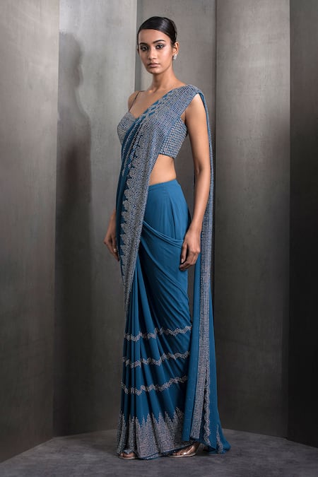 Buy Rohit Gandhi + Rahul Khanna Blue Silk, Georgette Cut Work, Cutdana Embroidered Pre-draped Saree With Blouse Online at Aza Fashions Buy_Rohit Gandhi + Rahul Khanna_Blue Silk, Georgette Cut Work, Cutdana Embroidered Pre-draped Saree With Blouse _Online_at_Aza_Fashions