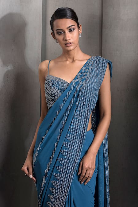 Shop Rohit Gandhi + Rahul Khanna Blue Silk, Georgette Cut Work, Cutdana Embroidered Pre-draped Saree With Blouse Online at Aza Fashions Shop_Rohit Gandhi + Rahul Khanna_Blue Silk, Georgette Cut Work, Cutdana Embroidered Pre-draped Saree With Blouse _Online_at_Aza_Fashions