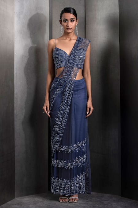 Rohit Gandhi + Rahul Khanna Cutdana Chevron Embroidered Pre-Draped Saree With Blouse