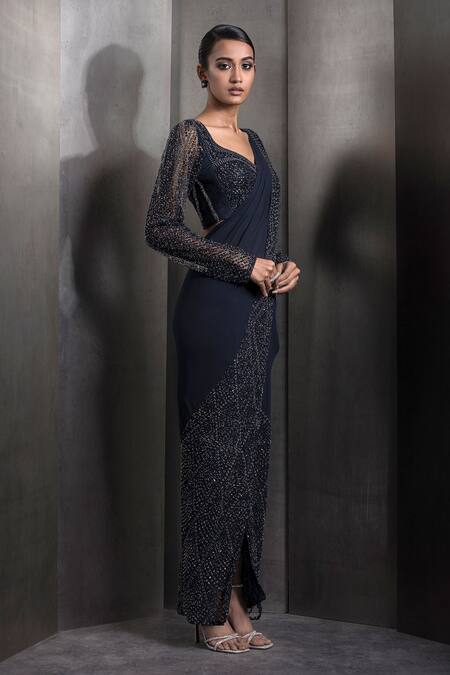 Rohit Gandhi + Rahul Khanna Blue Tulle Cut Work, Cutdana Geometric Embroidered Pre-draped Saree With Blouse Online at Aza Fashions Rohit Gandhi + Rahul Khanna_Blue Tulle Cut Work, Cutdana Geometric Embroidered Pre-draped Saree With Blouse _Online_at_Aza_Fashions