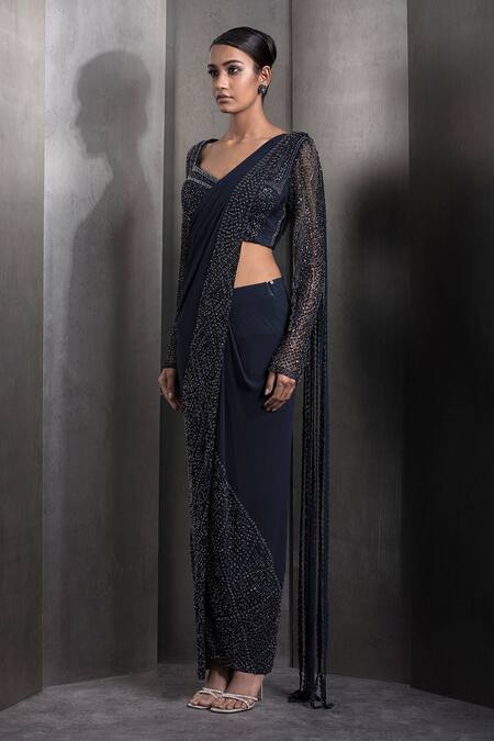 Buy Rohit Gandhi + Rahul Khanna Blue Tulle Cut Work, Cutdana Geometric Embroidered Pre-draped Saree With Blouse Online at Aza Fashions Buy_Rohit Gandhi + Rahul Khanna_Blue Tulle Cut Work, Cutdana Geometric Embroidered Pre-draped Saree With Blouse _Online_at_Aza_Fashions