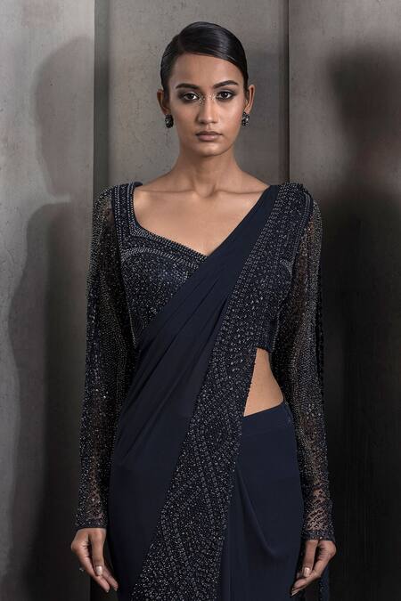 Shop Rohit Gandhi + Rahul Khanna Blue Tulle Cut Work, Cutdana Geometric Embroidered Pre-draped Saree With Blouse Online at Aza Fashions Shop_Rohit Gandhi + Rahul Khanna_Blue Tulle Cut Work, Cutdana Geometric Embroidered Pre-draped Saree With Blouse _Online_at_Aza_Fashions