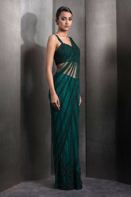 Buy_Rohit Gandhi + Rahul Khanna_Emerald Green Tulle Sequins, Hematite Embroidered Pre-draped Saree With Blouse _Online_at_Aza_Fashions