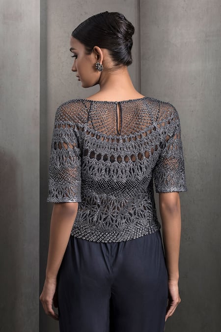 Rohit Gandhi + Rahul Khanna_Grey Tulle, Lurex Sequins, Crystals Round Neck Maze Embroidered Top _Online_at_Aza_Fashions