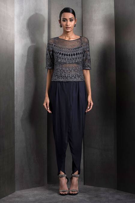 Buy_Rohit Gandhi + Rahul Khanna_Grey Tulle, Lurex Sequins, Crystals Round Neck Maze Embroidered Top _Online_at_Aza_Fashions