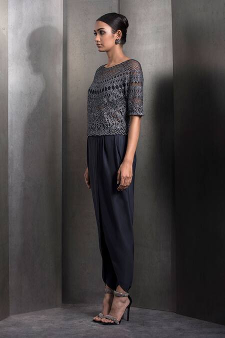 Shop_Rohit Gandhi + Rahul Khanna_Grey Tulle, Lurex Sequins, Crystals Round Neck Maze Embroidered Top _Online_at_Aza_Fashions