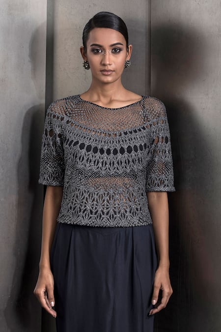 Rohit Gandhi + Rahul Khanna_Grey Tulle, Lurex Sequins, Crystals Round Neck Maze Embroidered Top _at_Aza_Fashions