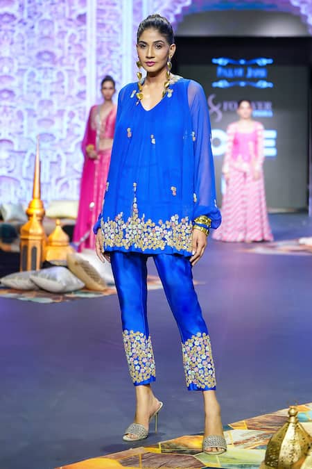 Shop Pallavi Jaipur Blue Chiffon, Chanderi Sequins, Gota Patti Floral Embroidered Tunic And Pant Set at Aza Fashions Shop_Pallavi Jaipur_Blue Chiffon, Chanderi Sequins, Gota Patti Floral Embroidered Tunic And Pant Set _at_Aza_Fashions