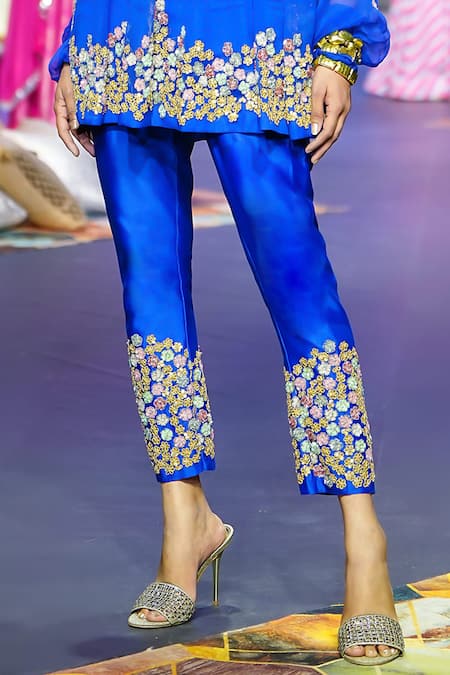 Pallavi Jaipur Blue Chiffon, Chanderi Sequins, Gota Patti Floral Embroidered Tunic And Pant Set Online at Aza Fashions Pallavi Jaipur_Blue Chiffon, Chanderi Sequins, Gota Patti Floral Embroidered Tunic And Pant Set _Online_at_Aza_Fashions