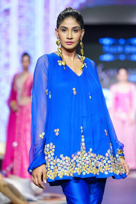 Buy Pallavi Jaipur Blue Chiffon, Chanderi Sequins, Gota Patti Floral Embroidered Tunic And Pant Set Online at Aza Fashions Buy_Pallavi Jaipur_Blue Chiffon, Chanderi Sequins, Gota Patti Floral Embroidered Tunic And Pant Set _Online_at_Aza_Fashions