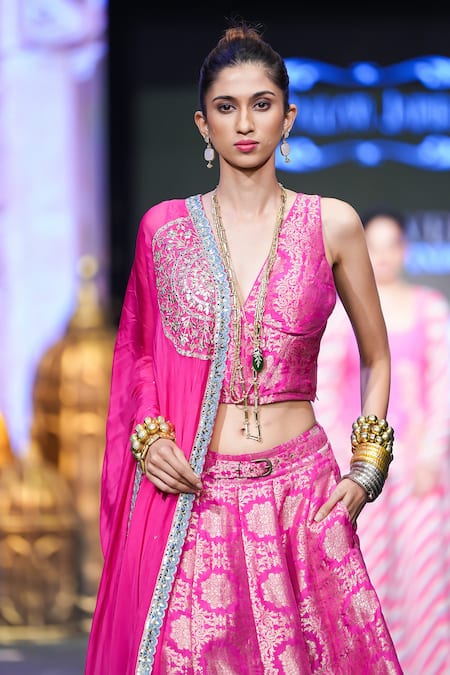 Shop Pallavi Jaipur Pink Brocade, Silk Embroidery, Sequins, Gota Patti Plunge Jama Gulabi Skirt Set at Aza Fashions Shop_Pallavi Jaipur_Pink Brocade, Silk Embroidery, Sequins, Gota Patti Plunge Jama Gulabi Skirt Set _at_Aza_Fashions