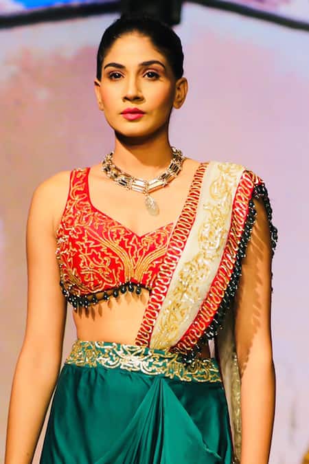 Shop Pallavi Jaipur Green Linen, Satin, Organza Beads, Beetreen Drape Skirt Saree With Blouse at Aza Fashions Shop_Pallavi Jaipur_Green Linen, Satin, Organza Beads, Beetreen Drape Skirt Saree With Blouse _at_Aza_Fashions