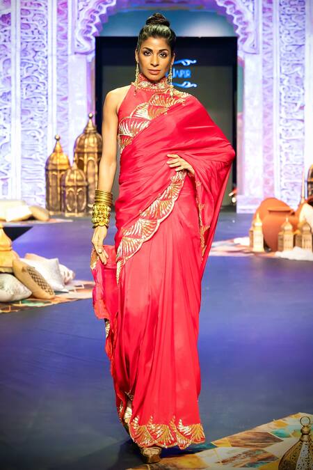 Pallavi Jaipur_Red Silk, Tussar, Satin Embroidery Halter Surkh-lal Salma Saree With Blouse _Online_at_Aza_Fashions