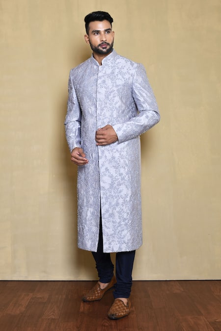 Arihant Rai Sinha Grey Silk, Cotton Sequins, Embroidery Floral Vine Sherwani Set 