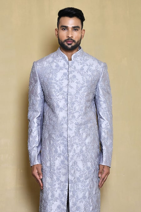 Buy_Arihant Rai Sinha_Grey Silk, Cotton Sequins, Embroidery Floral Vine Sherwani Set_Online_at_Aza_Fashions