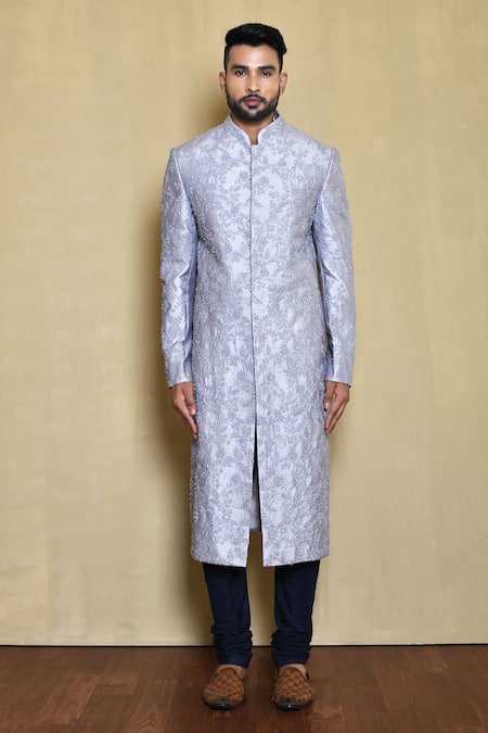 Shop_Arihant Rai Sinha_Grey Silk, Cotton Sequins, Embroidery Floral Vine Sherwani Set_Online_at_Aza_Fashions