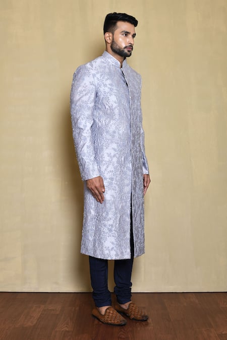 Arihant Rai Sinha_Grey Silk, Cotton Sequins, Embroidery Floral Vine Sherwani Set_at_Aza_Fashions