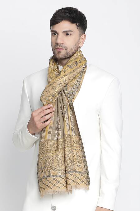 Shingora_Yellow Mughal Floral Woven Mustard Muffler _Online_at_Aza_Fashions