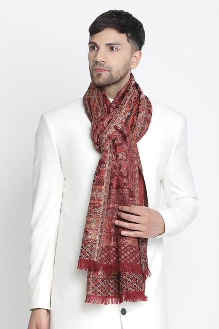 Shingora_Maroon Faizal Metallic Mughal Woven Muffler_Online_at_Aza_Fashions