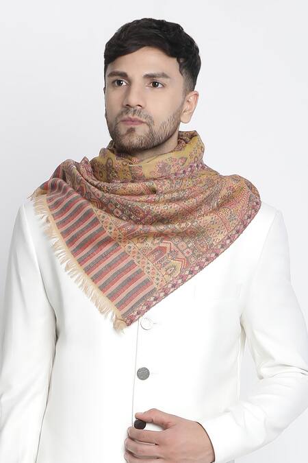 Shingora_Yellow Hussain Metallic Diamond Woven Muffler _Online_at_Aza_Fashions