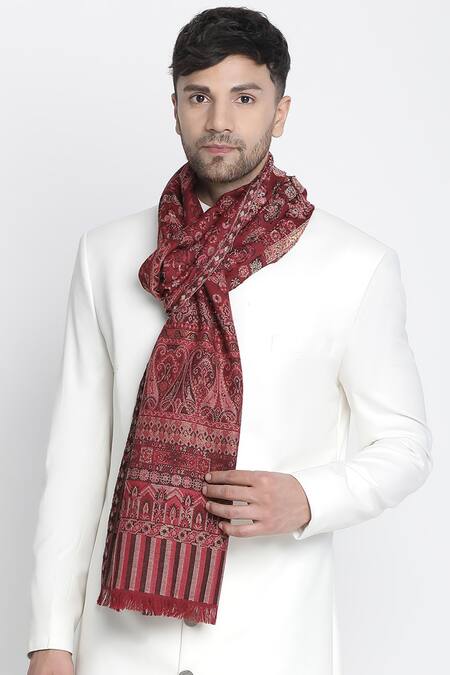 Shingora_Maroon Hussain Metallic Floral Woven Muffler _Online_at_Aza_Fashions