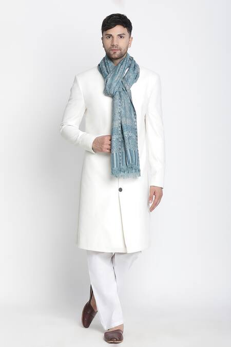 Shingora Blue Designer Woven Muffler With Tassel Border