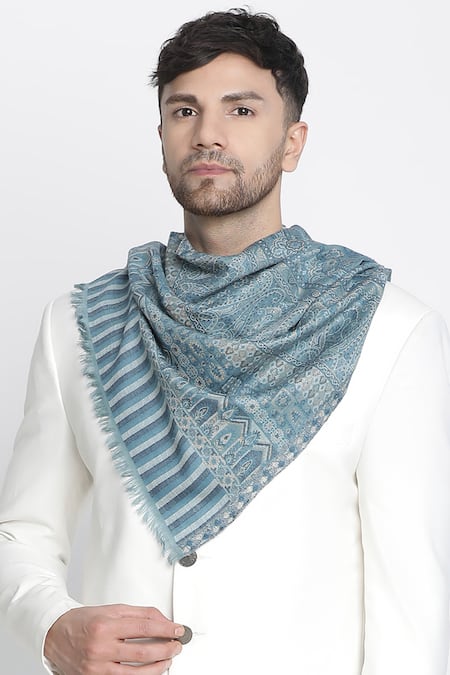 Shingora Blue Designer Woven Muffler With Tassel Border Online at Aza Fashions Shingora_Blue Designer Woven Muffler With Tassel Border _Online_at_Aza_Fashions