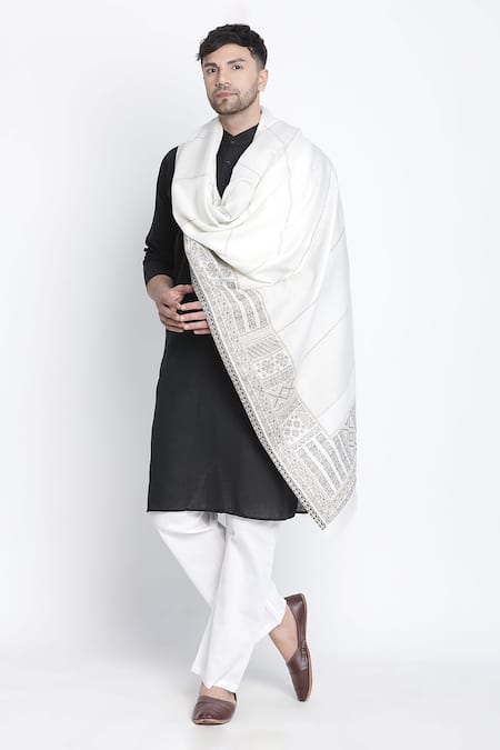 SHINGORA Off White Geometric Veer Border Woven Lohi Shawl 