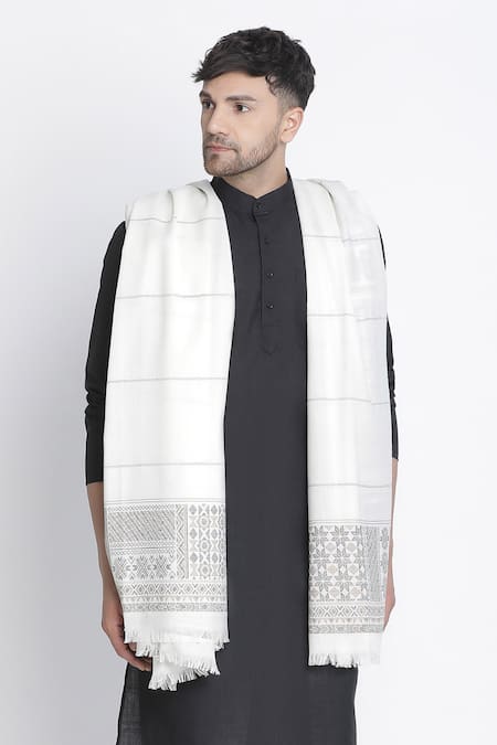 Shingora_Off White Veer Geometric Border Woven Lohi Shawl _Online_at_Aza_Fashions