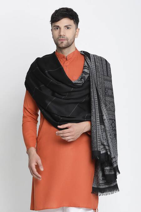 Shingora_Black Veer Abstract Border Woven Lohi Shawl _Online_at_Aza_Fashions