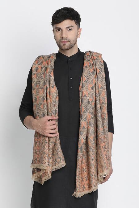 Shingora_Beige Embroidery Daksh Chevron Woven Lohi Shawl _Online_at_Aza_Fashions