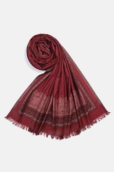 Shop Shingora Maroon Paisley Amir Border Wool Jacquard Lohi Shawl at Aza Fashions Shop_Shingora_Maroon Paisley Amir Border Wool Jacquard Lohi Shawl _at_Aza_Fashions