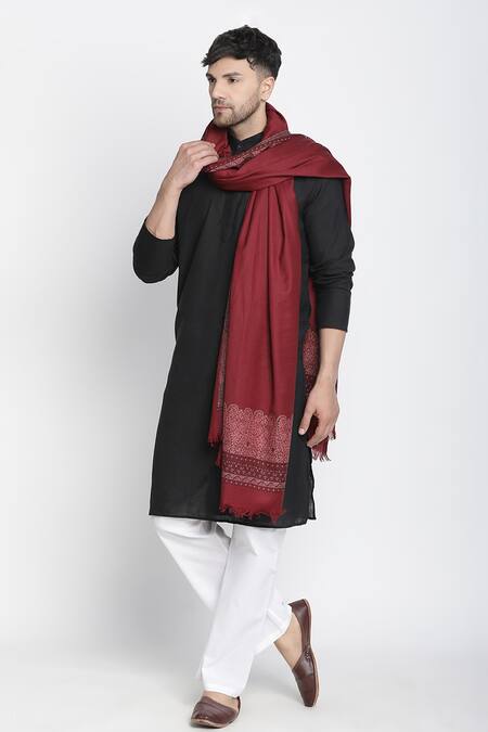 Shingora Maroon Paisley Amir Border Wool Jacquard Lohi Shawl Online at Aza Fashions Shingora_Maroon Paisley Amir Border Wool Jacquard Lohi Shawl _Online_at_Aza_Fashions