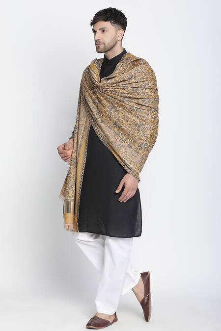 Shingora_Yellow Asim Baroque Bloom Wool Jacquard Lohi Shawl _Online_at_Aza_Fashions