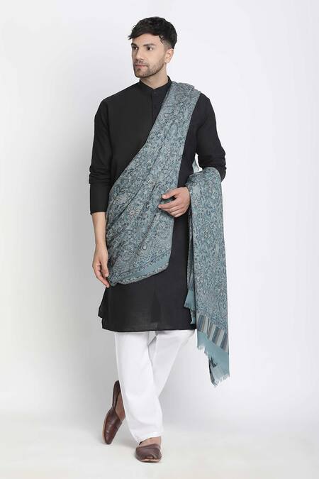 Shingora_Blue Persian Bloom Asim Wool Jacquard Lohi Shawl_Online_at_Aza_Fashions