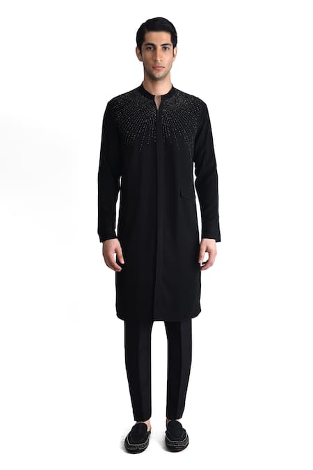 Rohit Gandhi + Rahul Khanna Black Crepe Embroidered Crystal Cut Dana Work Yoke Kurta 