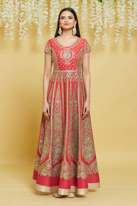 Aiman_Red Silk Sequins, Embroidery Round Neck Kalidar Anarkali Set_Online_at_Aza_Fashions