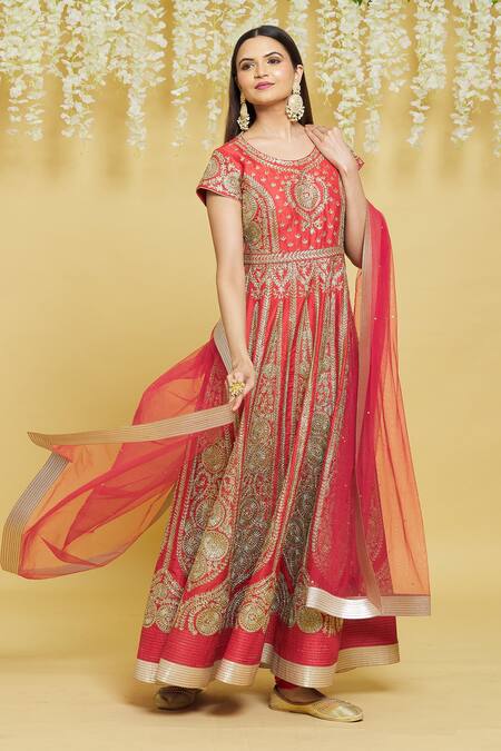 Buy_Aiman_Red Silk Sequins, Embroidery Round Neck Kalidar Anarkali Set_Online_at_Aza_Fashions