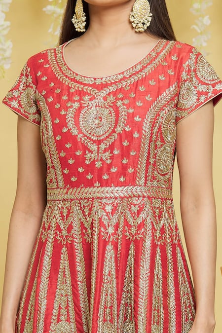 Shop_Aiman_Red Silk Sequins, Embroidery Round Neck Kalidar Anarkali Set_Online_at_Aza_Fashions