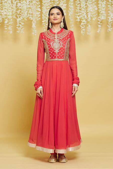 Aiman_Red Silk Embroidery, Zari, Sequins Mandarin Collar Anarkali Set_Online_at_Aza_Fashions