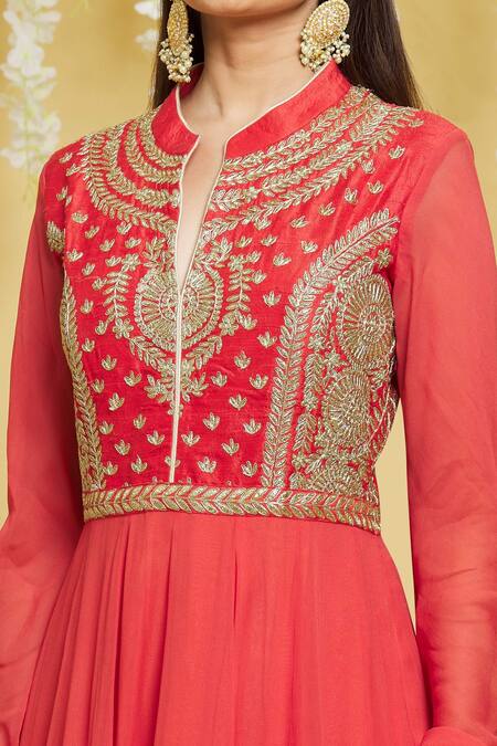 Shop_Aiman_Red Silk Embroidery, Zari, Sequins Mandarin Collar Anarkali Set_Online_at_Aza_Fashions