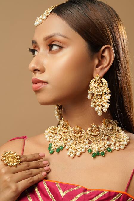 Buy_The Bling Girll_Gold Plated Pearls, Beads, Stones And Kundan Embellished Choker Necklace Set _Online_at_Aza_Fashions