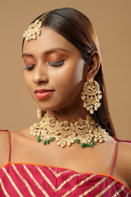 Shop_The Bling Girll_Gold Plated Pearls, Beads, Stones And Kundan Embellished Choker Necklace Set _Online_at_Aza_Fashions