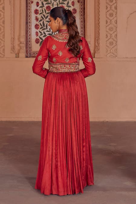 Shop Studio Bagechaa Red Silk Beads, Sequins Mandarin Madhavi Embroidered Jacket And Anarkali Set at Aza Fashions Shop_Studio Bagechaa_Red Silk Beads, Sequins Mandarin Madhavi Embroidered Jacket And Anarkali Set _at_Aza_Fashions
