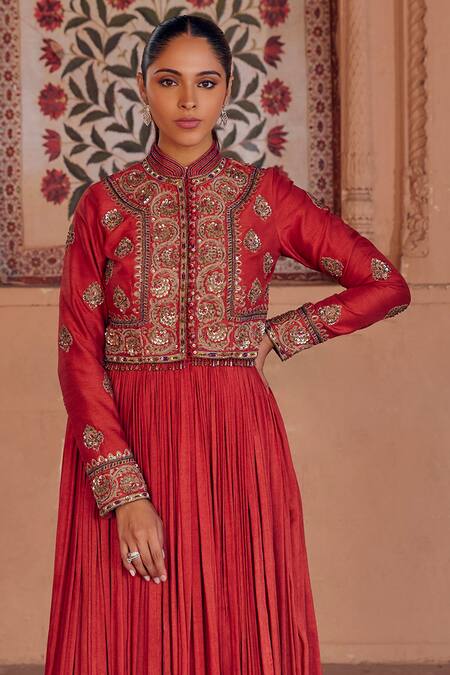 Studio Bagechaa Red Silk Beads, Sequins Mandarin Madhavi Embroidered Jacket And Anarkali Set Online at Aza Fashions Studio Bagechaa_Red Silk Beads, Sequins Mandarin Madhavi Embroidered Jacket And Anarkali Set _Online_at_Aza_Fashions