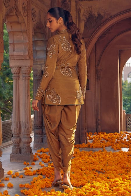 Shop Studio Bagechaa Brown Silk Beads, Sequins, Zari Bandeau Mughal Embroidered Jacket Dhoti Pant Set at Aza Fashions Shop_Studio Bagechaa_Brown Silk Beads, Sequins, Zari Bandeau Mughal Embroidered Jacket Dhoti Pant Set _at_Aza_Fashions