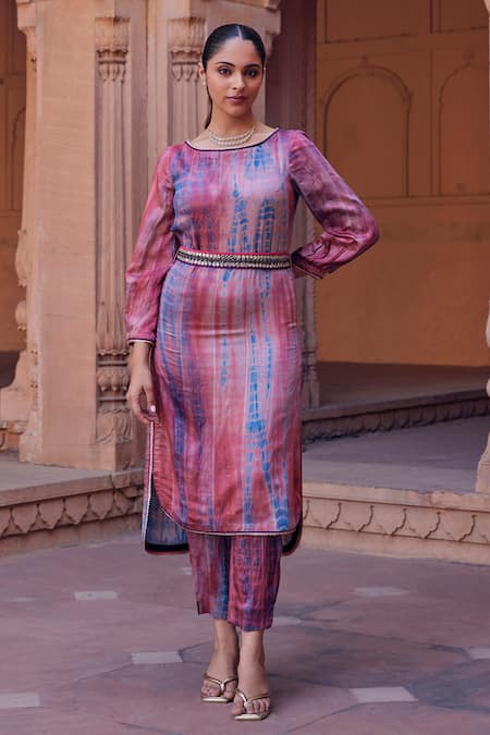 Studio Bagechaa Purple Chanderi Silk Sequins, Cut Work, Raina Asymmetric Kurta And Pant Set