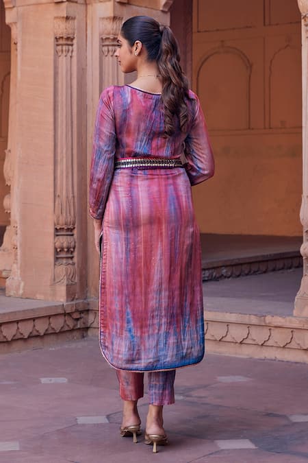 Shop Studio Bagechaa Purple Chanderi Silk Sequins, Cut Work, Raina Asymmetric Kurta And Pant Set at Aza Fashions Shop_Studio Bagechaa_Purple Chanderi Silk Sequins, Cut Work, Raina Asymmetric Kurta And Pant Set _at_Aza_Fashions